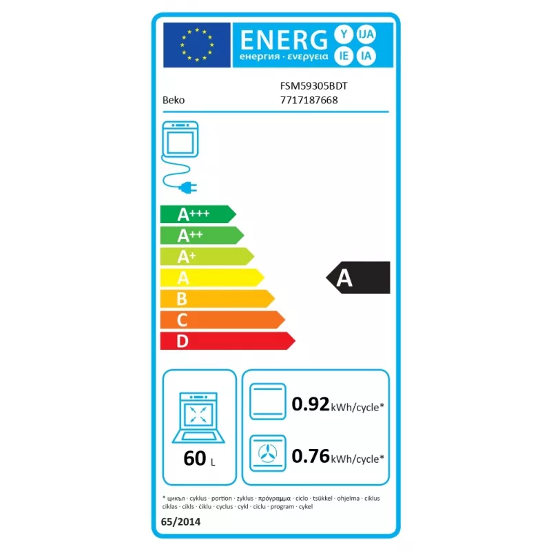 Beko FSM59305BDT indukcinė viryklė su elektrine orkaite, 60 L, 50 cm, juoda, A energijos klasė, 4 zonų indukcinė kaitlentė su boost