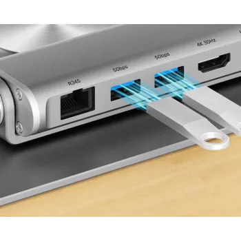 Nešiojamojo kompiuterio stovas Unitek D1109B01 – aliumininis reguliuojamas stovas su atjungiamu USB‑C moduliu, HDMI 4K, PD 100W, 2x USB‑A, RJ‑45, tinka iki 17 colių