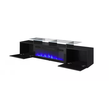 TV spintelė Cama Meble ROVA su elektriniu židiniu, 190x37x48 cm, juoda/juodas blizgesys