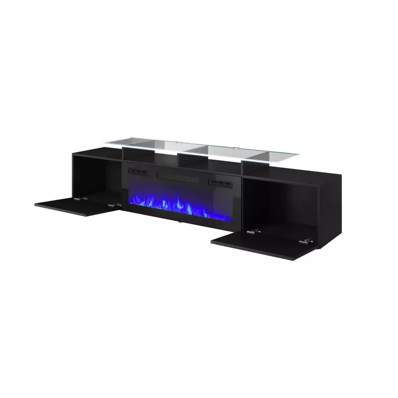 TV spintelė Cama Meble ROVA su elektriniu židiniu, 190x37x48 cm, juoda/juodas blizgesys