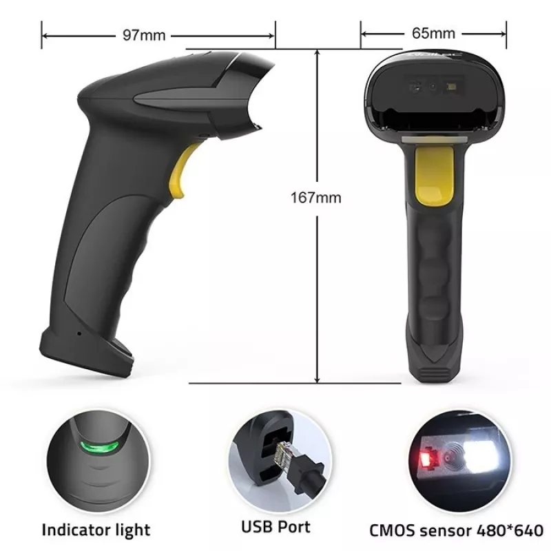 Rankinis 1D/2D laidinis brūkšninių kodų skaitytuvas QOLTEC 50853 – USB, ABS korpusas, 1,65 m laidas, 97×65×167 mm, 105 g