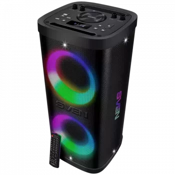 Nešiojamas garsiakalbis SVEN PS-950, juodas, galia 2x80W RMS, TWS, Bluetooth, IPx4, FM, USB, microSD, LED ekranas, ličio baterija