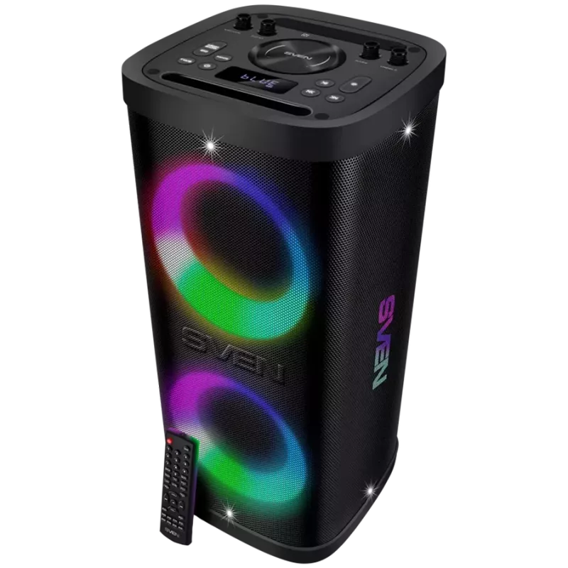 Nešiojamas garsiakalbis SVEN PS-950, juodas, galia 2x80W RMS, TWS, Bluetooth, IPx4, FM, USB, microSD, LED ekranas, ličio baterija
