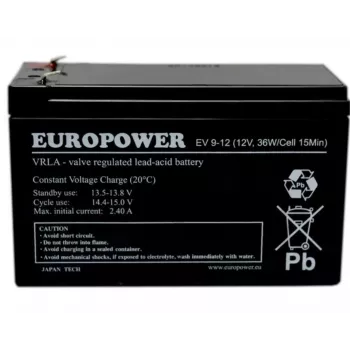 Švino-rūgštinis sandarus akumuliatorius europower EV 12-9 – 12 V 9 Ah UPS ir atsarginiam maitinimui