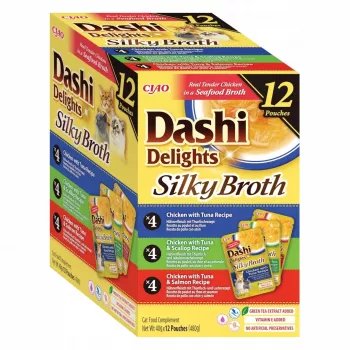 Šlapias kačių ėdalas INABA Dashi Delights Silky Broth Chicken mix, 12×40 g paketėliai, pilnavertis suaugusioms katėms