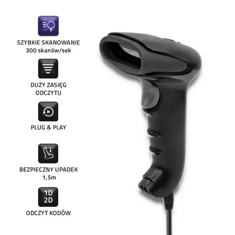Nešiojamas brūkšninių kodų skaitytuvas QOLTEC 50868 – 1D/2D lazerinis skaitytuvas, USB laidinis ir belaidis, darbinis atstumas 600 mm, juodas