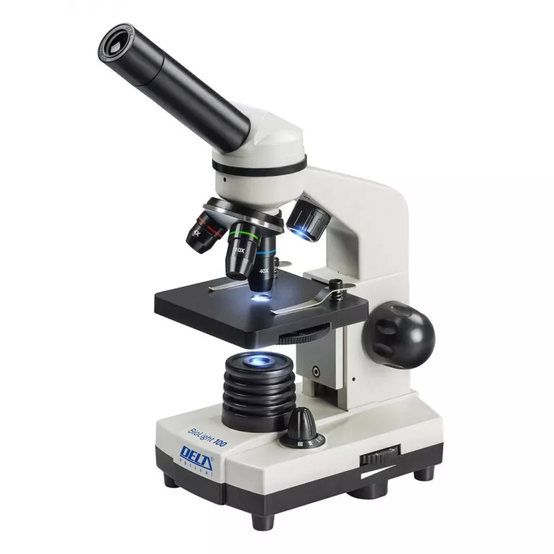 Sudėtinis optinis mikroskopas Deltaoptical DO-3210 – monokuliarinis, 3 achromatiniai objektyvai, LED apšvietimas, 40–400×, 45° pasukama galvutė