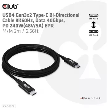 CLUB3D USB4 Gen3x2 Type-C abipusis laidas 8K60Hz, duomenys 40Gbps, PD 240W(48V/5A) EPR M/M 2m