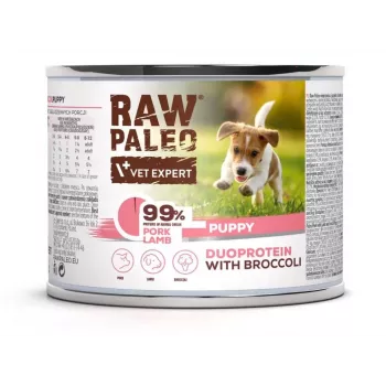 Šlapias šunų ėdalas VETEXPERT RAW PALEO Duoprotein Pork & Lamb Puppy 200 g, be glitimo ir sojos, drėgnumas 81%