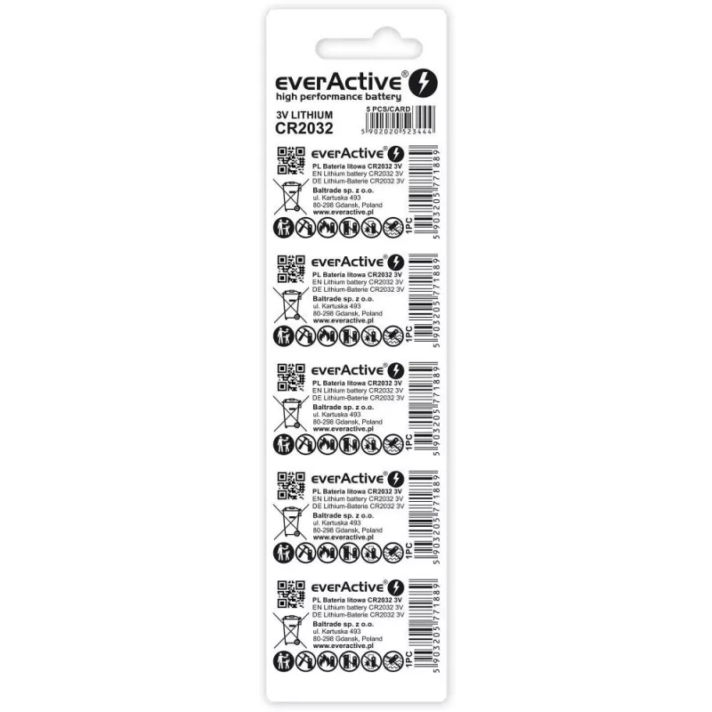 Ličio baterijos everActive CR2032 – lizdinė pakuotė 5 vnt.