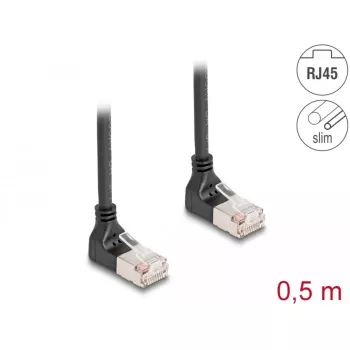 DeLOCK RJ45 Cat.6A S/FTP Slim tinklo kabelis 90° į viršų 0,5 m juodas