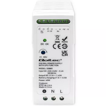 Qoltec 50885 Stabilus DIN bėgio maitinimo šaltinis su UPS funkcija | 40W
