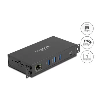USB šakotuvas DELOCK 3 prievadai 5 Gbps su RJ45 Gigabit PoE++ ir USB Type-C pagrindine jungtimi, metalinis korpusas, 1,5 kV izoliacija, juodas