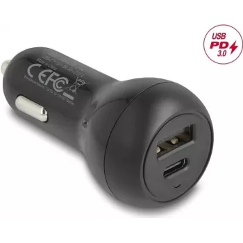 Automobilinis kroviklis DELOCK 64329 12–24 V cigarečių degtuko lizdui USB-C greitasis įkrovimas išmaniajam telefonui ir planšetei, juodas