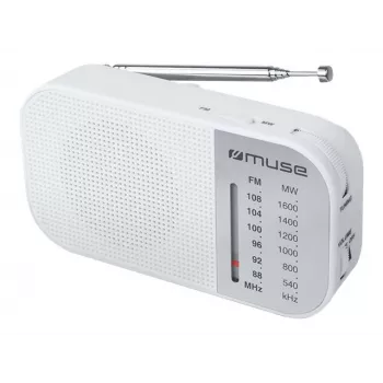 Nešiojamas radijo imtuvas Muse M-025 RW – analoginis FM/MW, baltas, maitinamas baterijomis, išorinė antena
