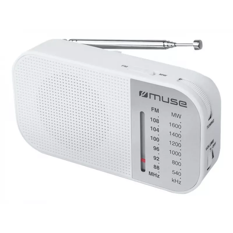 Nešiojamas radijo imtuvas Muse M-025 RW – analoginis FM/MW, baltas, maitinamas baterijomis, išorinė antena