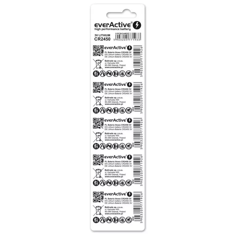 Ličio moneta/plokščia baterija everActive CR2450, 3 V, 5 mm aukštis – pakuotė 5 vnt.