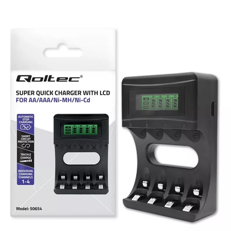 Baterijų įkroviklis QOLTEC 50654 Ni‑MH R03 (AAA) ir R6 (AA) akumuliatoriams, 1800 mA