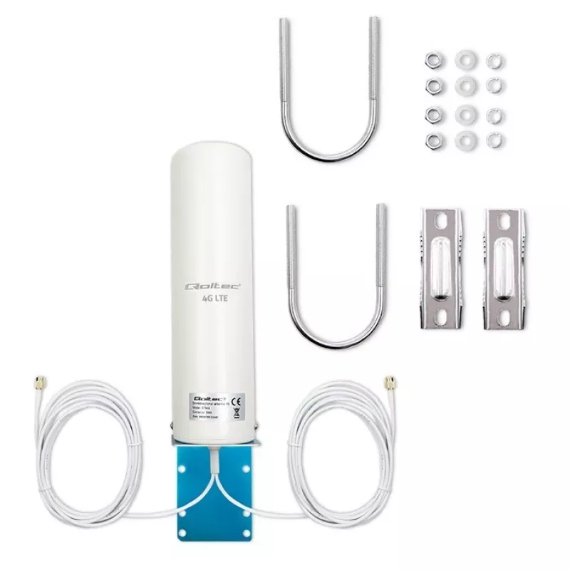 Outdoor omnidirectional 4G LTE antena QOLTEC 57044, 5 dBi, 600–2700 MHz, 50 W, 50 Ω, baltas varinis korpusas