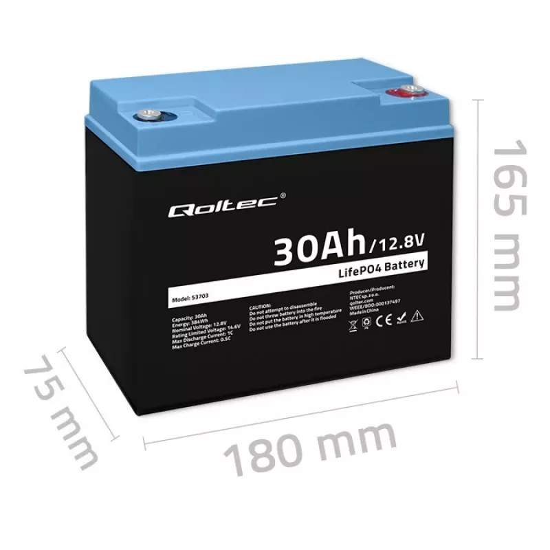 Įkraunama LiFePO4 baterija QOLTEC 12,8V 30Ah 384Wh su BMS