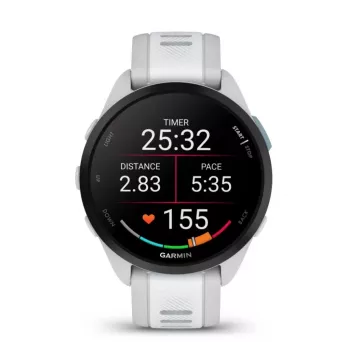 Išmanusis laikrodis GARMIN Forerunner 165 — GPS, AMOLED 1,2 colio, 4 GB, 5 ATM, 11 dienų baterija, pilkas korpusas, baltas dirželis