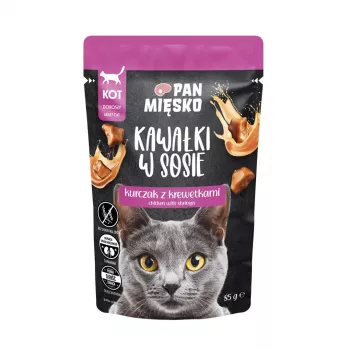 Šlapias kačių ėdalas Pan Miesko Gabaliukai padaže – Vištiena su krevetėmis, 85 g, suaugusioms katėms, drėgnis 81%