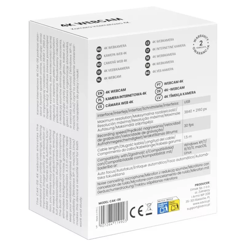 Savio CAK-06 internetinė kamera 3840 x 2160 pikselių USB juoda