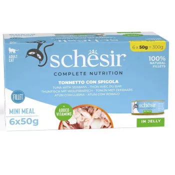 Šlapias kačių ėdalas Agras Pet Foods Schesir Tunas su jūros ešeriu drebučiuose, 6×50 g (300 g), suaugusioms katėms