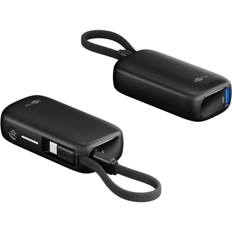 Powerbank 5.000 mAh, integruotas USB-C kabelis 13 cm, 20 W (juodas, 5 Ah, 1x USB-A, 1x USB-C, PD, QC)