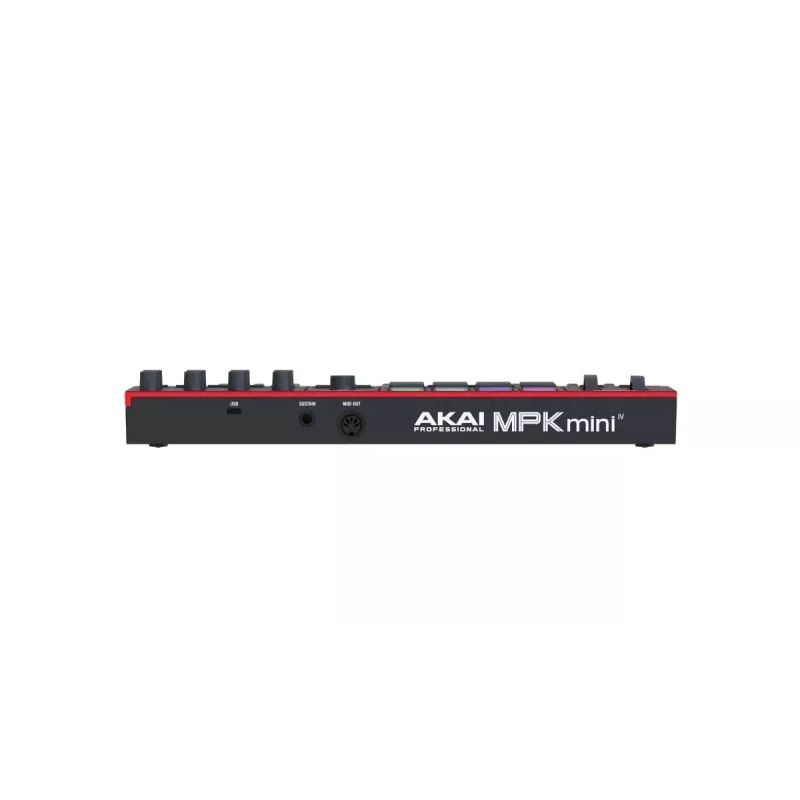 MIDI klaviatūra AKAI MPK MINI 4 Black — 25 klavišų, 8 padų, 8 enkoderių, arpegiatorius, USB-C, MIDI išėjimas