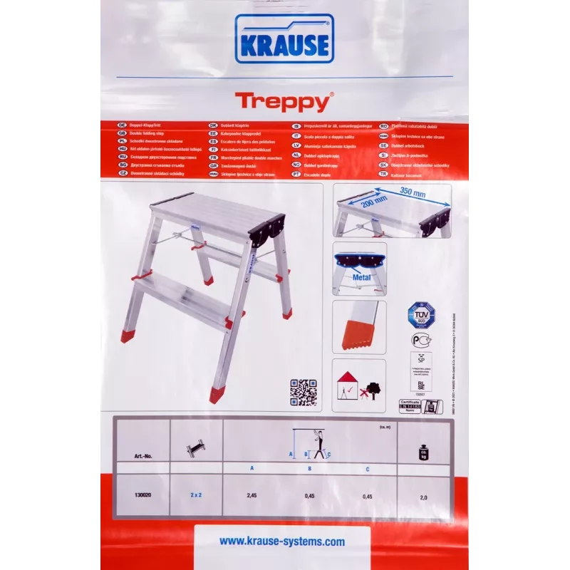Sulenkiamos kopėčios Krause Treppy Silver 130020 – aliuminis, 2 laipteliai, 150 kg talpa, sulankstytos 55×20 cm, svoris 2 kg