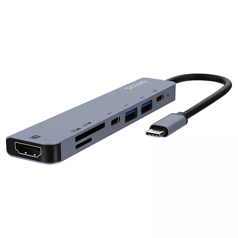 USB Type-C stotelė SAVIO AK-82 su HDMI, MicroSD, USB 3.2 Gen1, PD praėjimu, 4K@30Hz, 5000 Mbit/s, juoda