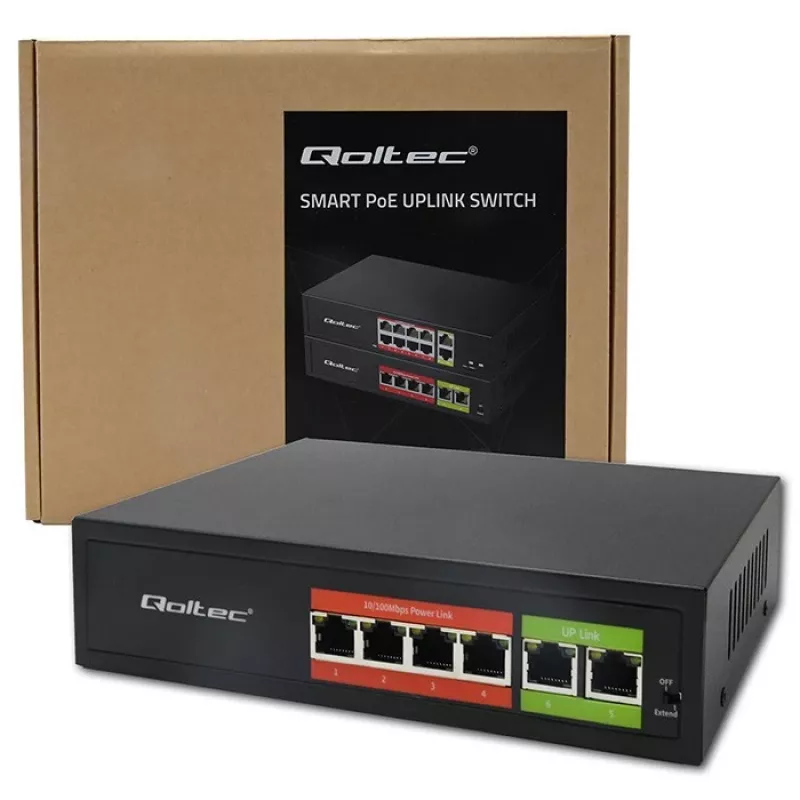 Eterneto PoE jungiklis QOLTEC 52289 — 4x RJ45 PoE prievadai, 2x RJ45 uplink, 65W galios biudžetas