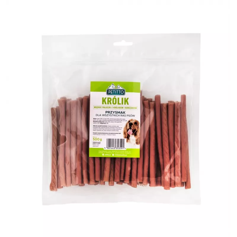 Šunų skanėstai PETITTO Soft rabbit fingers — triušio skonio minkštos lazdyno lazdelės šunims, 500 g, dresūros skanėstas, suaugusiems, be sojos, be glitimo