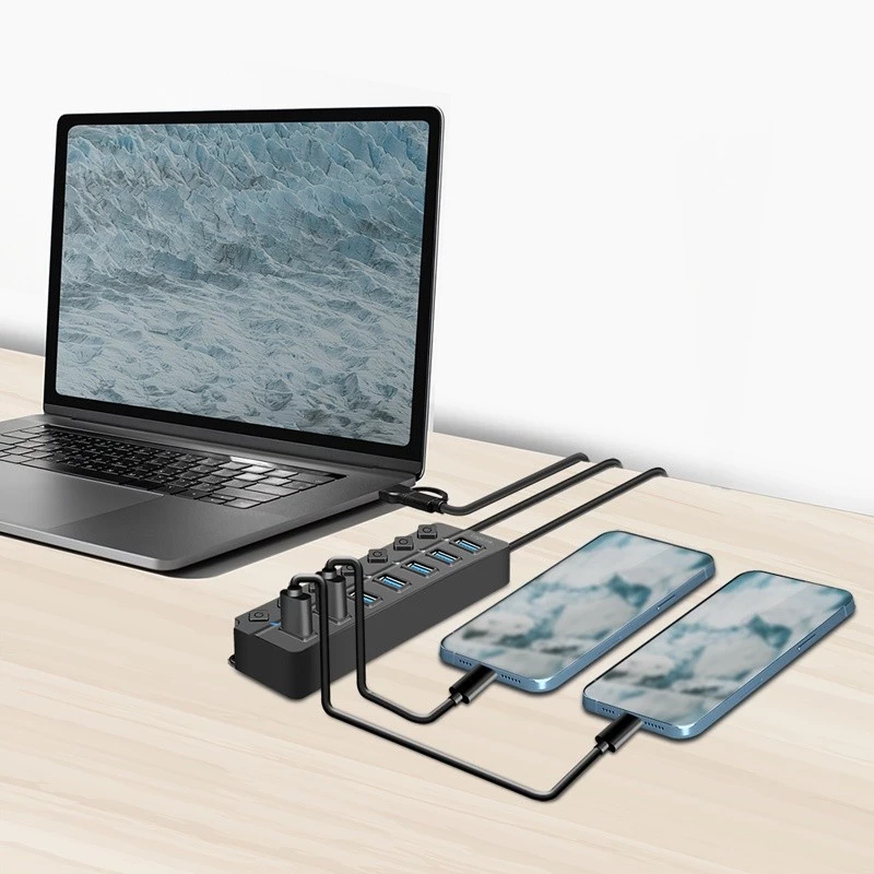 USB 3.2 Gen1 7 prievadų USB mazgas su atskirais jungikliais, juodas
