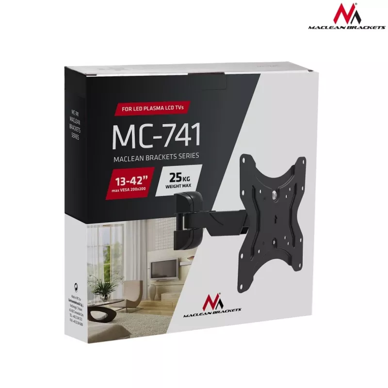 Maclean MC-741 televizoriaus tvirtinimas prie sienos 13–42 colių (33–106,7 cm) ekranams, VESA 75×75–200×200, 25 kg apkrova, atstumas nuo sienos 5,9–22,8 cm, juodos spalvos