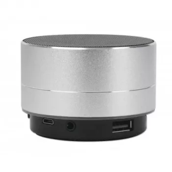 Manhattan Metallic Bluetooth garsiakalbis, atsparus vandens purslams, diapazonas 10 m, microSD kortelių skaitytuvas, Aux 3,5 mm jungtis, USB-A įkrovimo laidas (5 V įkrovimas), sidabrinis, trejų metų garantija