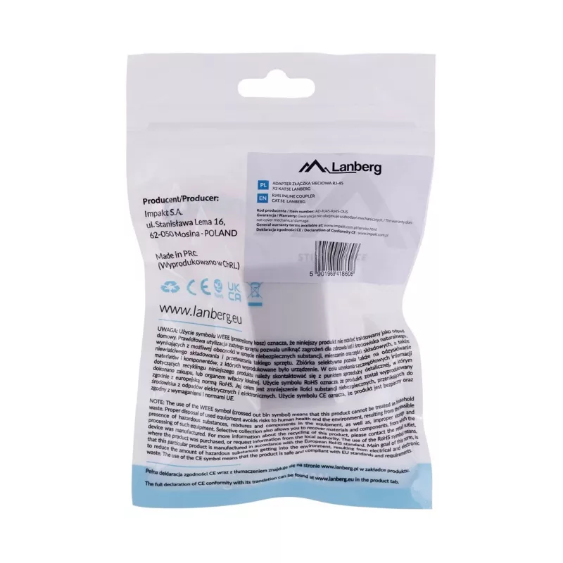 LANBERG lyties keitiklis RJ-45 į RJ-45, moteriška–moteriška, U/UTP Cat5e, baltas