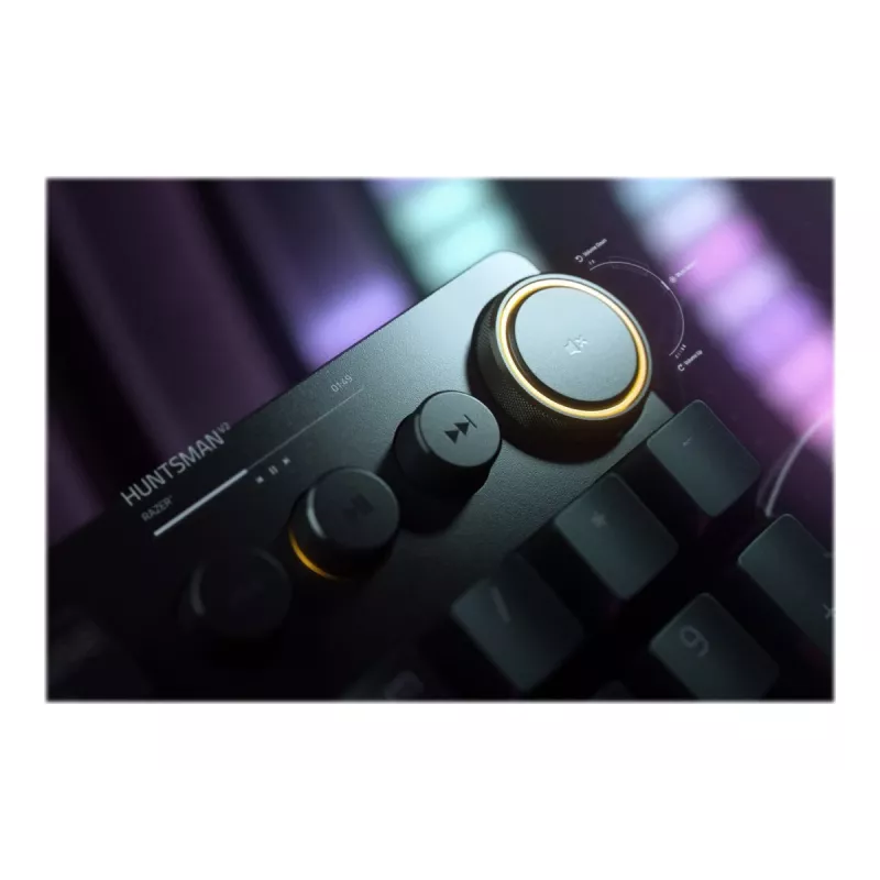 Laidinė žaidimų klaviatūra Razer Huntsman V2 — spragteli violetiniai optiniai jungikliai, RGB LED
