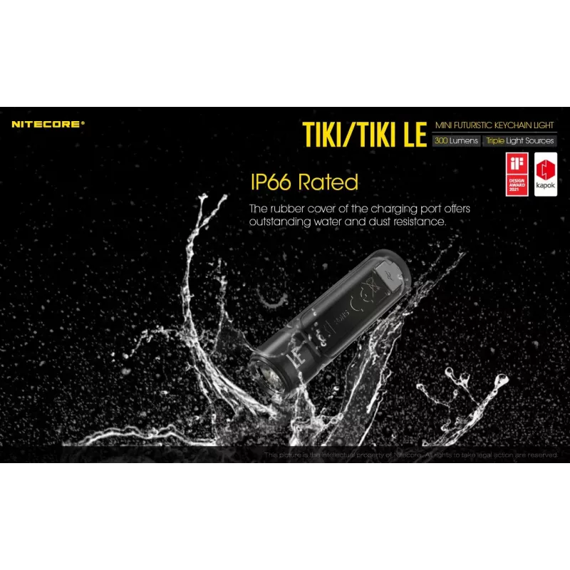 Rankinis žibintuvėlis Nitecore TIKI LE — 300 lm, įkraunamas per USB, polikarbonatas, IP66, atsparus smūgiams, 10,5 g, 55 mm, Juoda