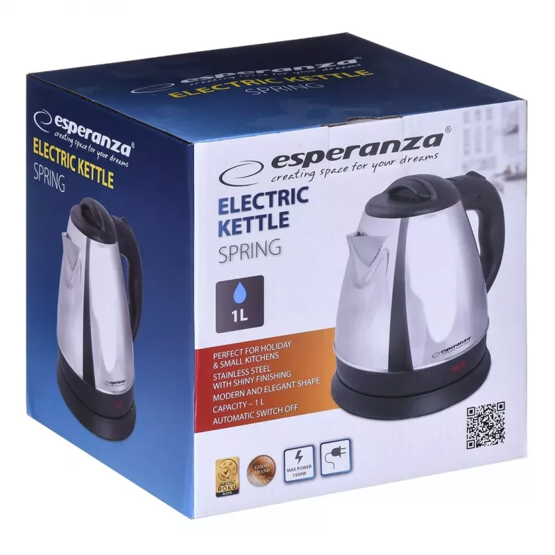 Elektrinis virdulys ESPERANZA 1.0 L nerūdijantis plienas ir plastikas, 1350 W, belaidis, automatinis išsijungimas