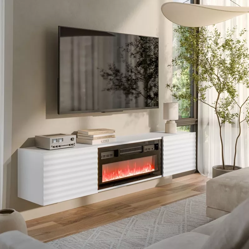 TV spintelė Cama Meble TULA su elektriniu židiniu, 1830×350×370 mm, baltas matinis viršus ir karkasas