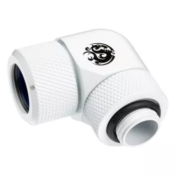 Jungiamoji detalė BitsPower BP-DWE90RMLA14 — žalvarinė 90° sukamoji jungtis, 1,4 cm, balta