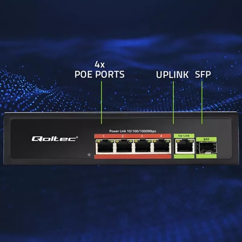 Ethernet PoE jungiklis QOLTEC 52296 — 4x RJ45 PoE prievadai, 1x RJ45 uplink