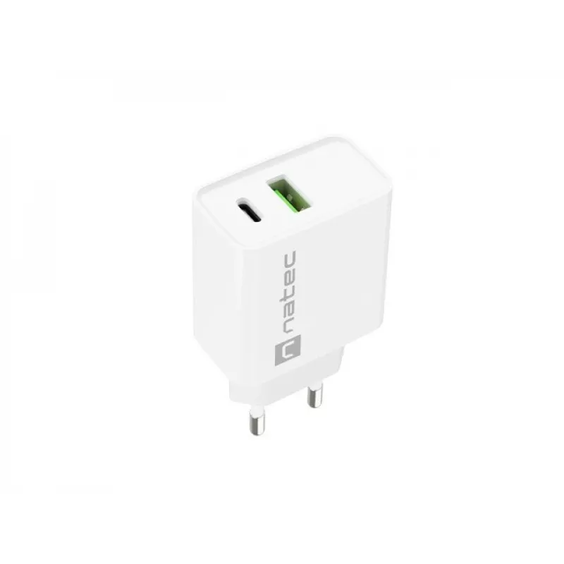 Patalpų kintamosios srovės greitasis įkroviklis NATEC RIBERA 12V 20W USB-C PD 3.0 + USB-A Samsung AFC Baltas