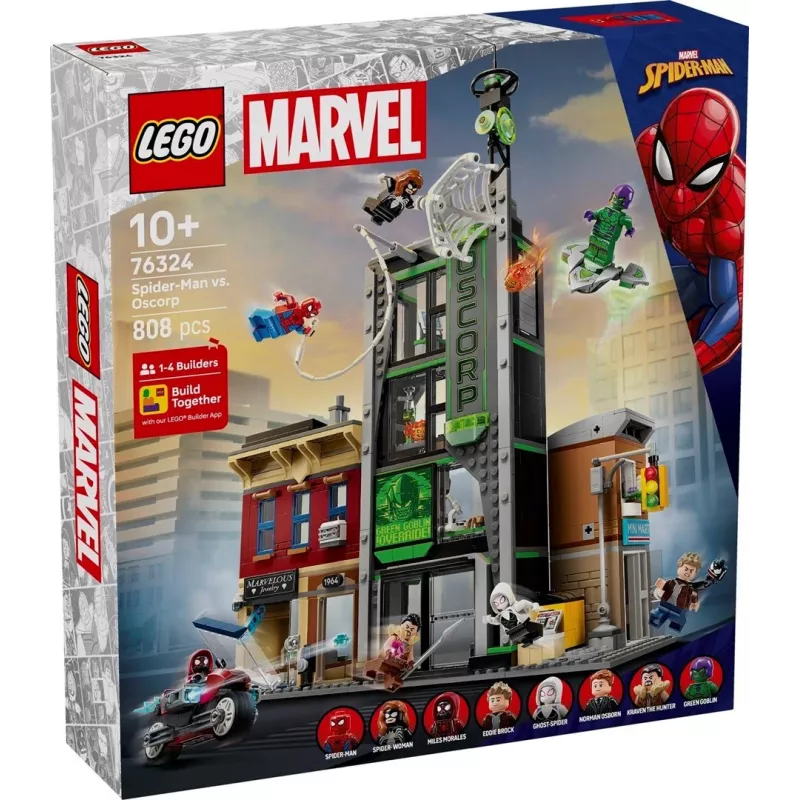 Konstruktorius LEGO Marvel rinkinys 76324 Žmogus voras prieš Oscorp, 808 dalių, 8 minifigūrėlės, nuo 10 m.