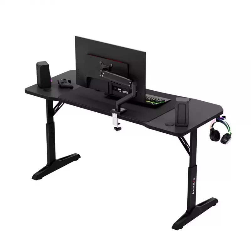 Gaming stalas huzaro Hero 3.6 – stačiakampis 1400×600 mm, aukštis reguliuojamas 560–790 mm, juodas, H kojos, 15 mm stalviršis