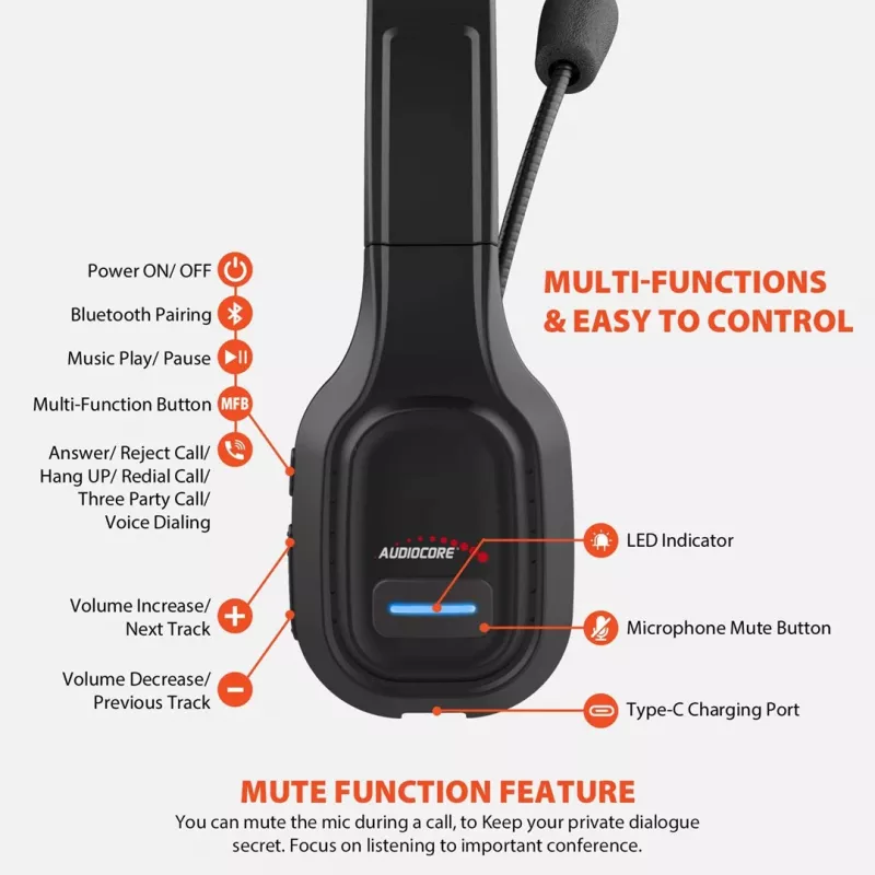 Audiocore 74452 Bluetooth ausinės su triukšmo slopinimo mikrofonu, skirtos skambučių centrams, biurui