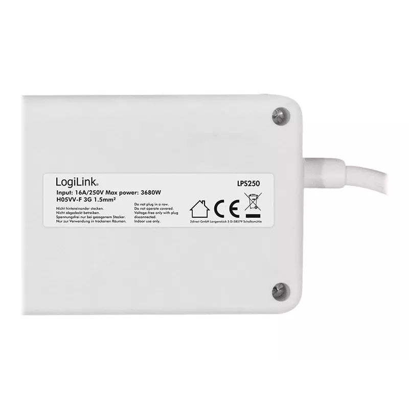 Prailginimo laidas LogiLink LPS250 1,5 m 6 AC lizdų Baltas