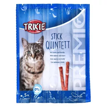 Kačių skanėstai Trixie Premio Sticks juodai kepta lašiša su upėtakiu, papildomas pašaras, 5 x 5 g (25 g)